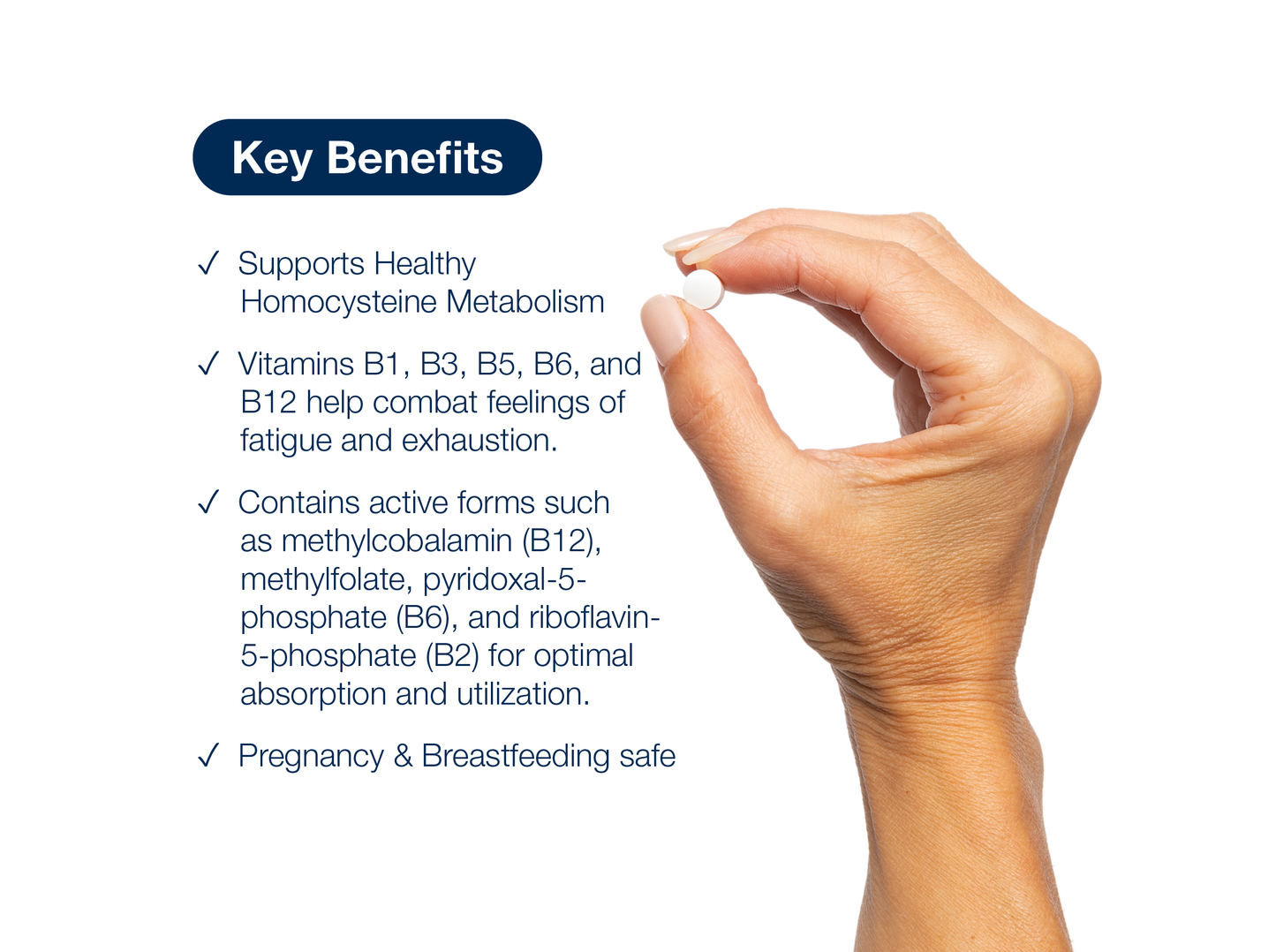 Hand holding a Glycogenics B-Complex tablet beside key product benefits and Metagenics branding