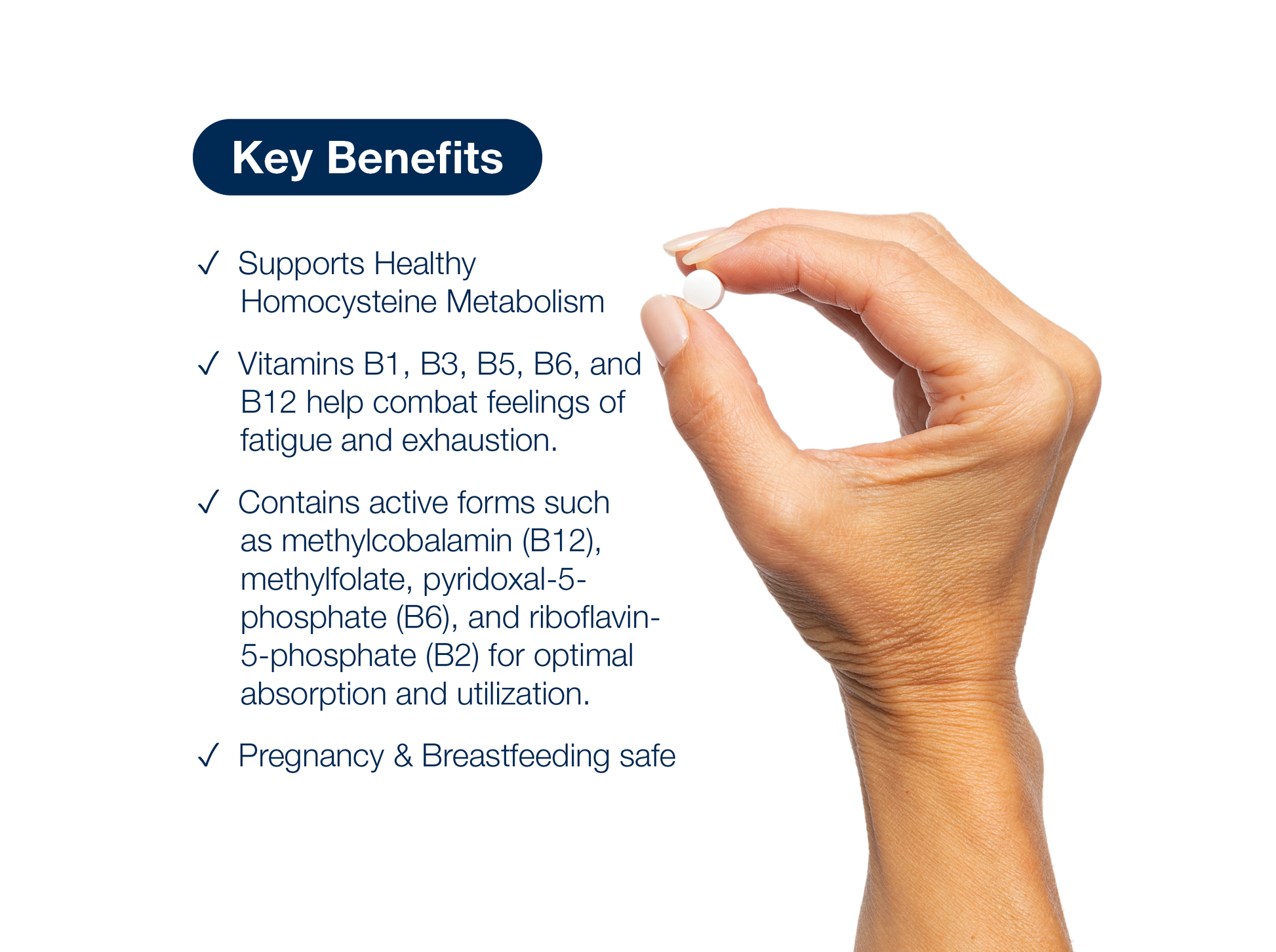 Hand holding a Glycogenics B-Complex tablet beside key product benefits and Metagenics branding