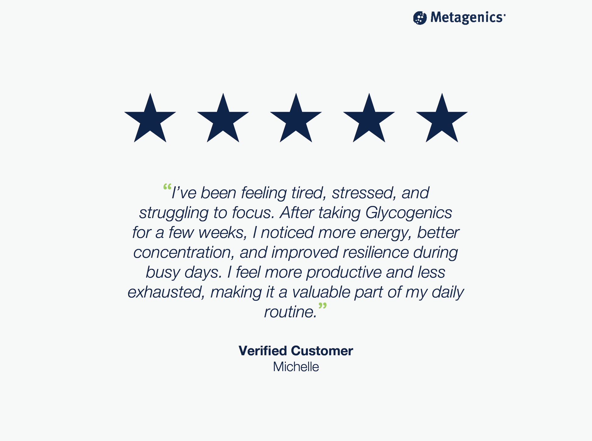 Five-star customer review for Glycogenics B-Complex with testimonial text and Metagenics branding