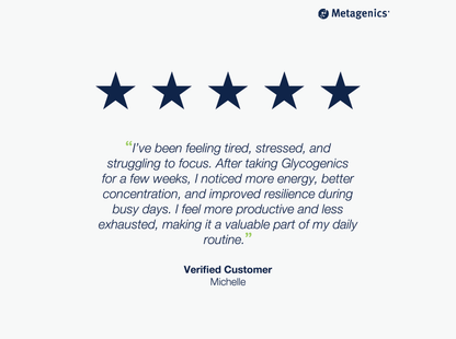Five-star customer review for Glycogenics B-Complex with testimonial text and Metagenics branding