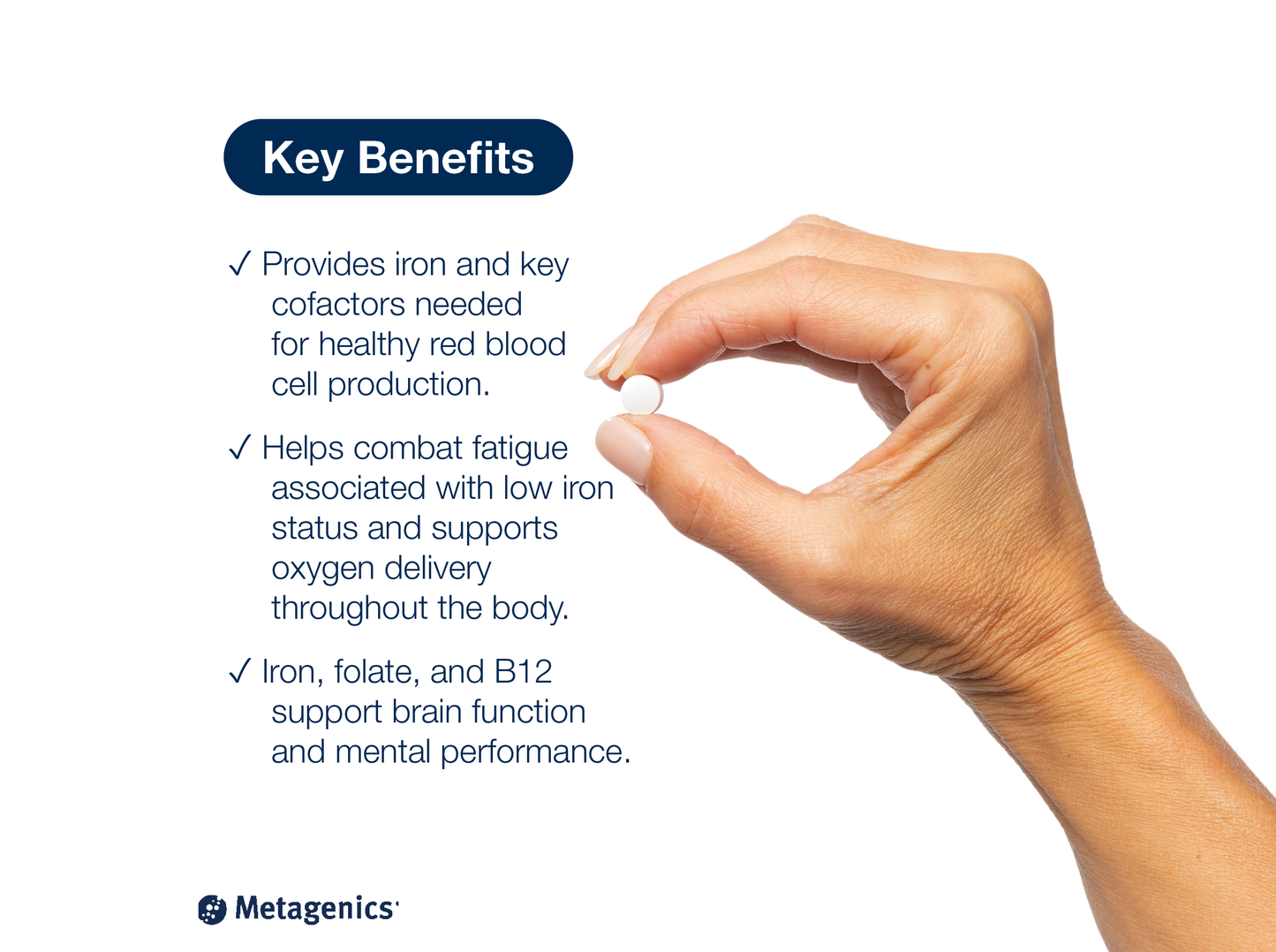 Hand holding a Hemagenics Iron tablet beside key product benefits and Metagenics branding