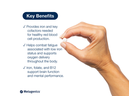 Hand holding a Hemagenics Iron tablet beside key product benefits and Metagenics branding