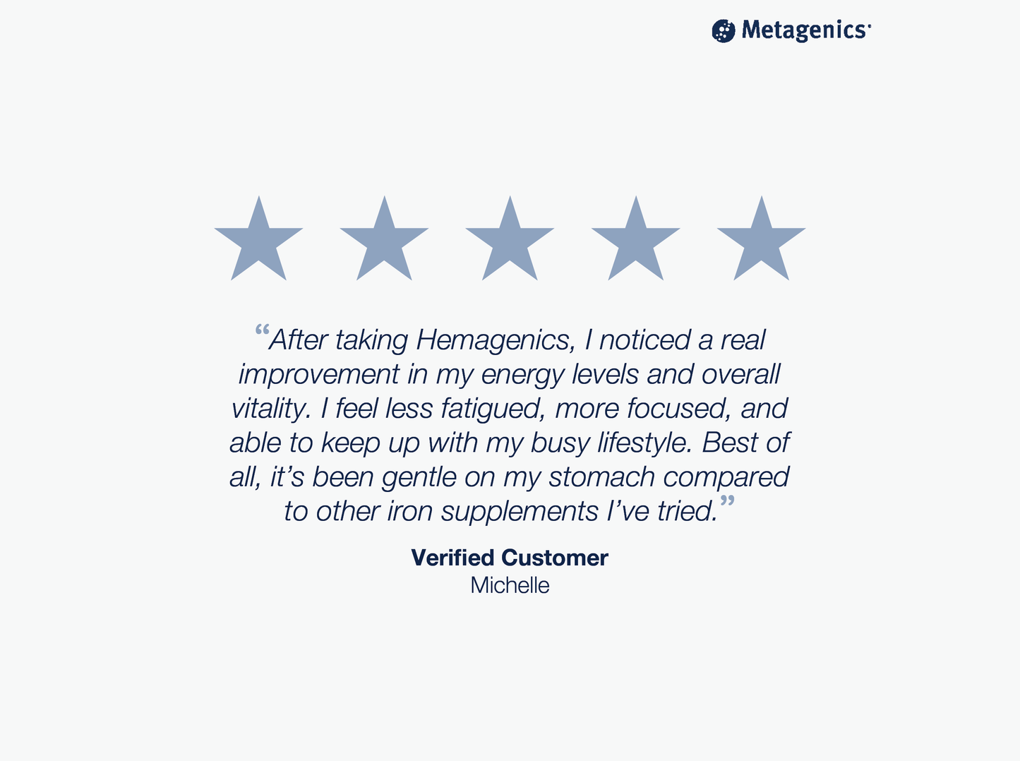 Five-star customer review for Hemagenics Iron with testimonial text and Metagenics branding