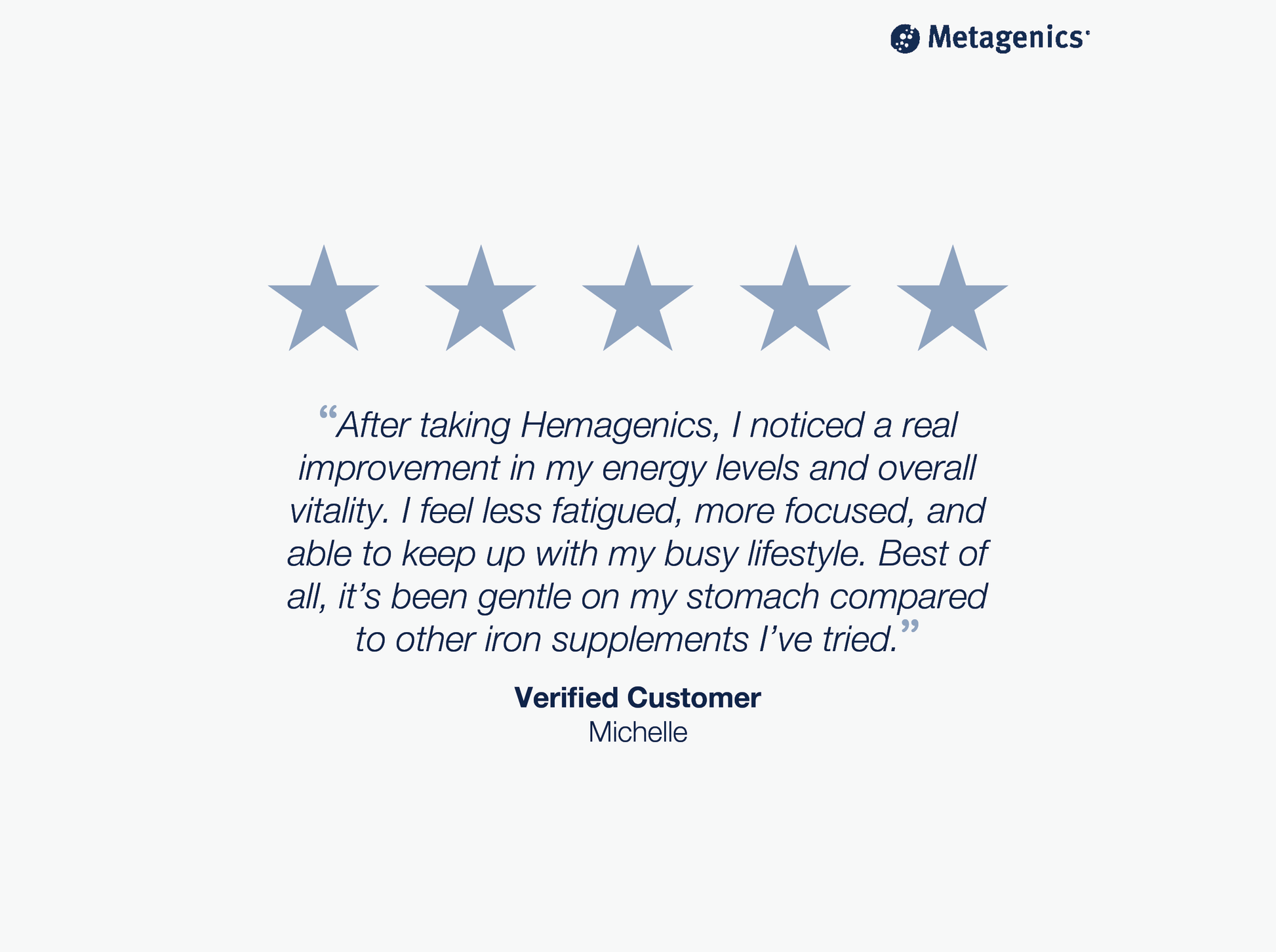 Five-star customer review for Hemagenics Iron with testimonial text and Metagenics branding