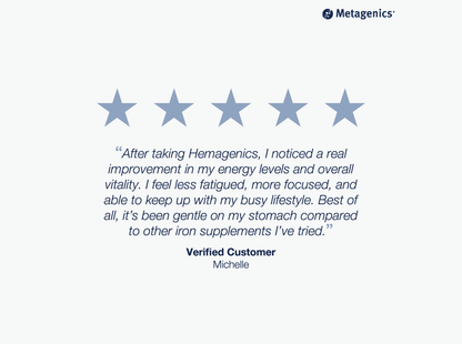 Five-star customer review for Hemagenics Iron with testimonial text and Metagenics branding