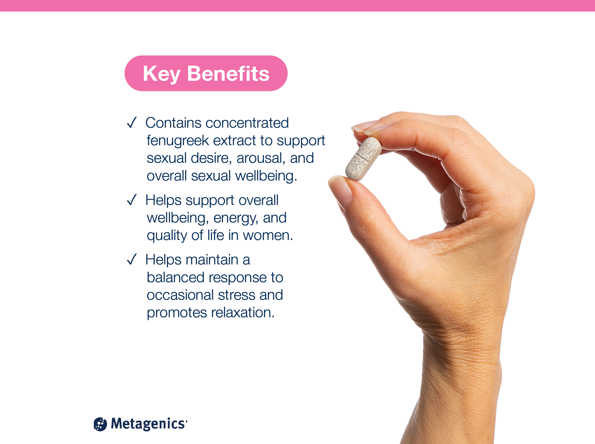 Hand holding a HerSynergy tablet beside key product benefits and Metagenics branding