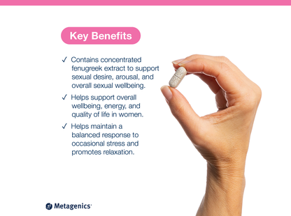 Hand holding a HerSynergy tablet beside key product benefits and Metagenics branding