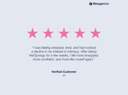 Five-star customer review for HerSynergy with testimonial text and Metagenics branding