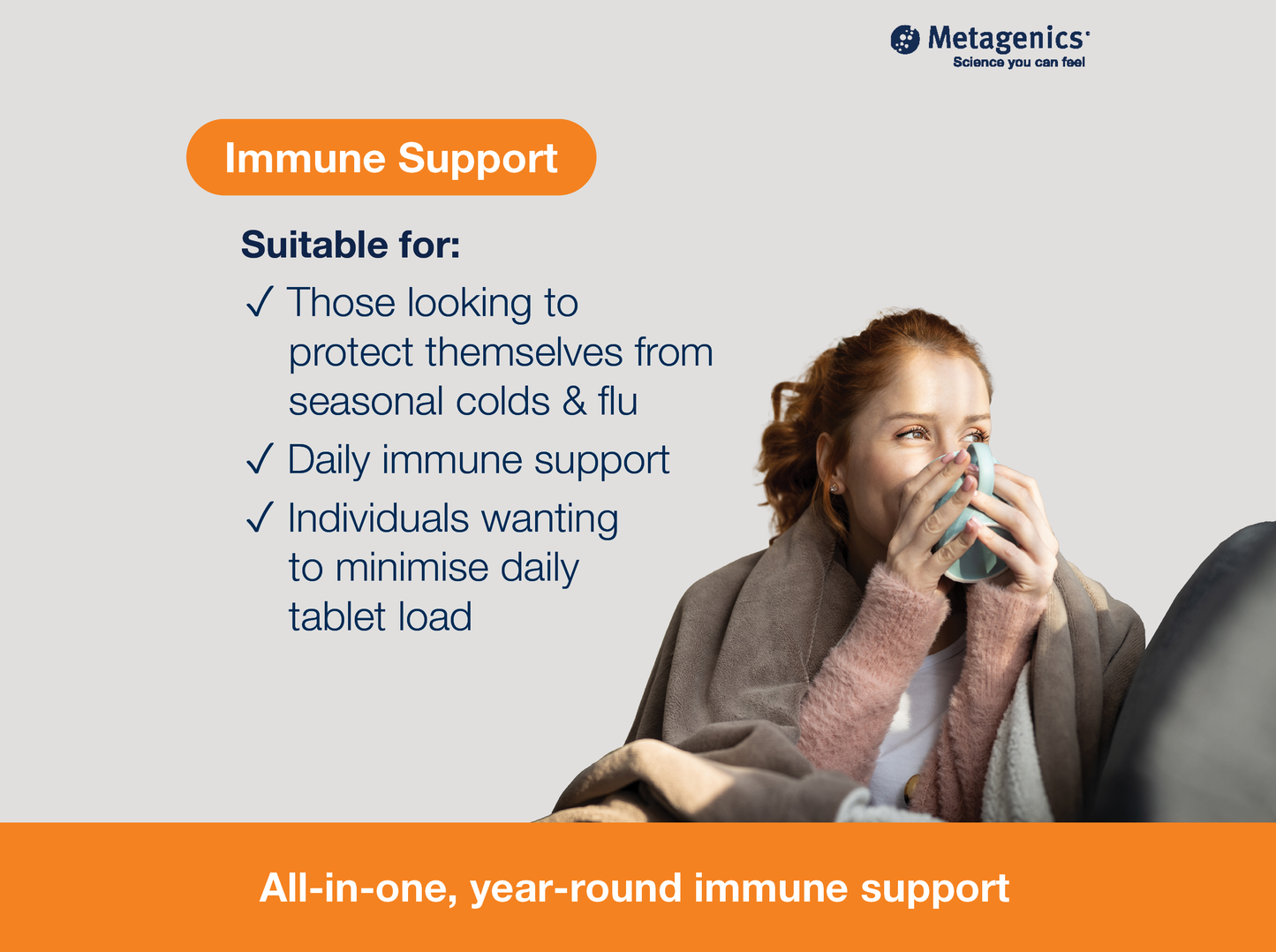 Information about immune system support with ImmuDefense and lifestyle imagery