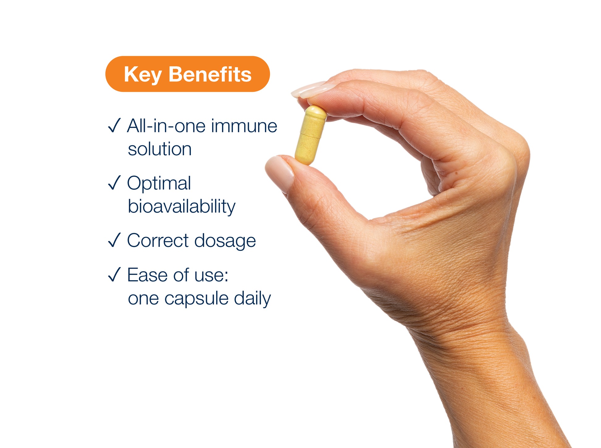 Hand holding an ImmuDefense capsule beside key product benefits and Metagenics branding