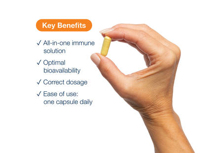 Hand holding an ImmuDefense capsule beside key product benefits and Metagenics branding