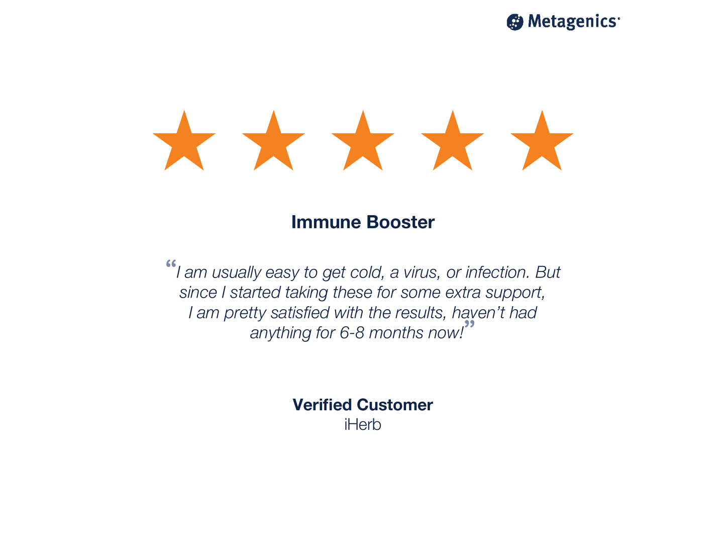 Five-star customer review for ImmuDefense with testimonial text and Metagenics branding