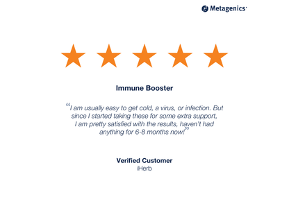 Five-star customer review for ImmuDefense with testimonial text and Metagenics branding