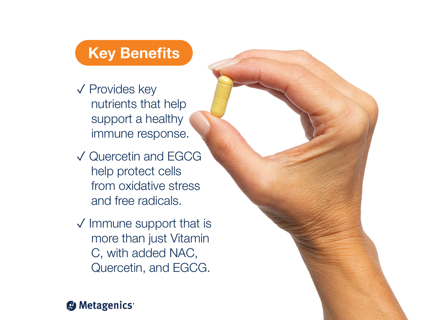 Hand holding an Immune Active capsule beside key product benefits and Metagenics branding