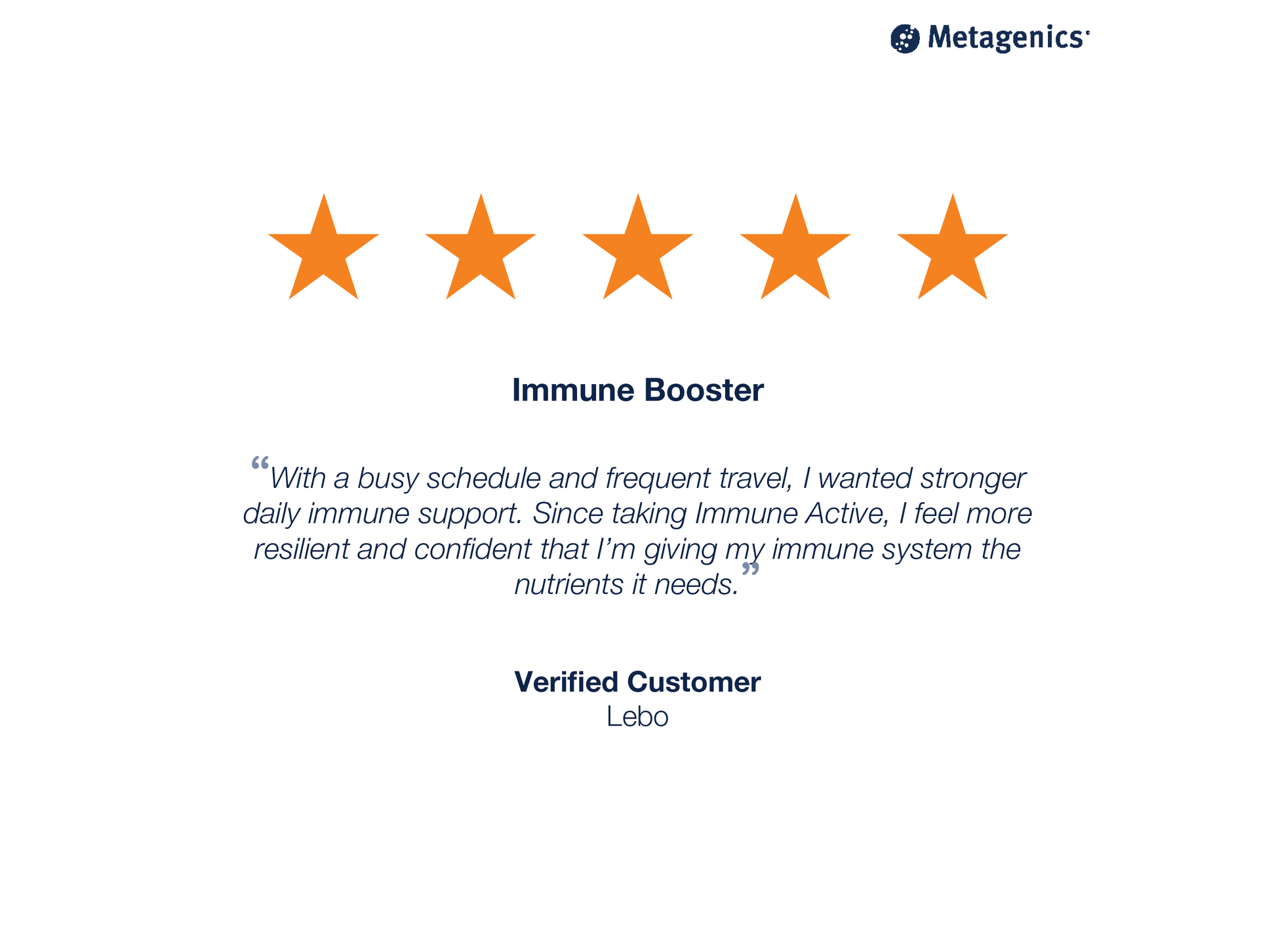 Five-star customer review for Immune Active with testimonial text and Metagenics branding