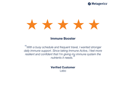 Five-star customer review for Immune Active with testimonial text and Metagenics branding
