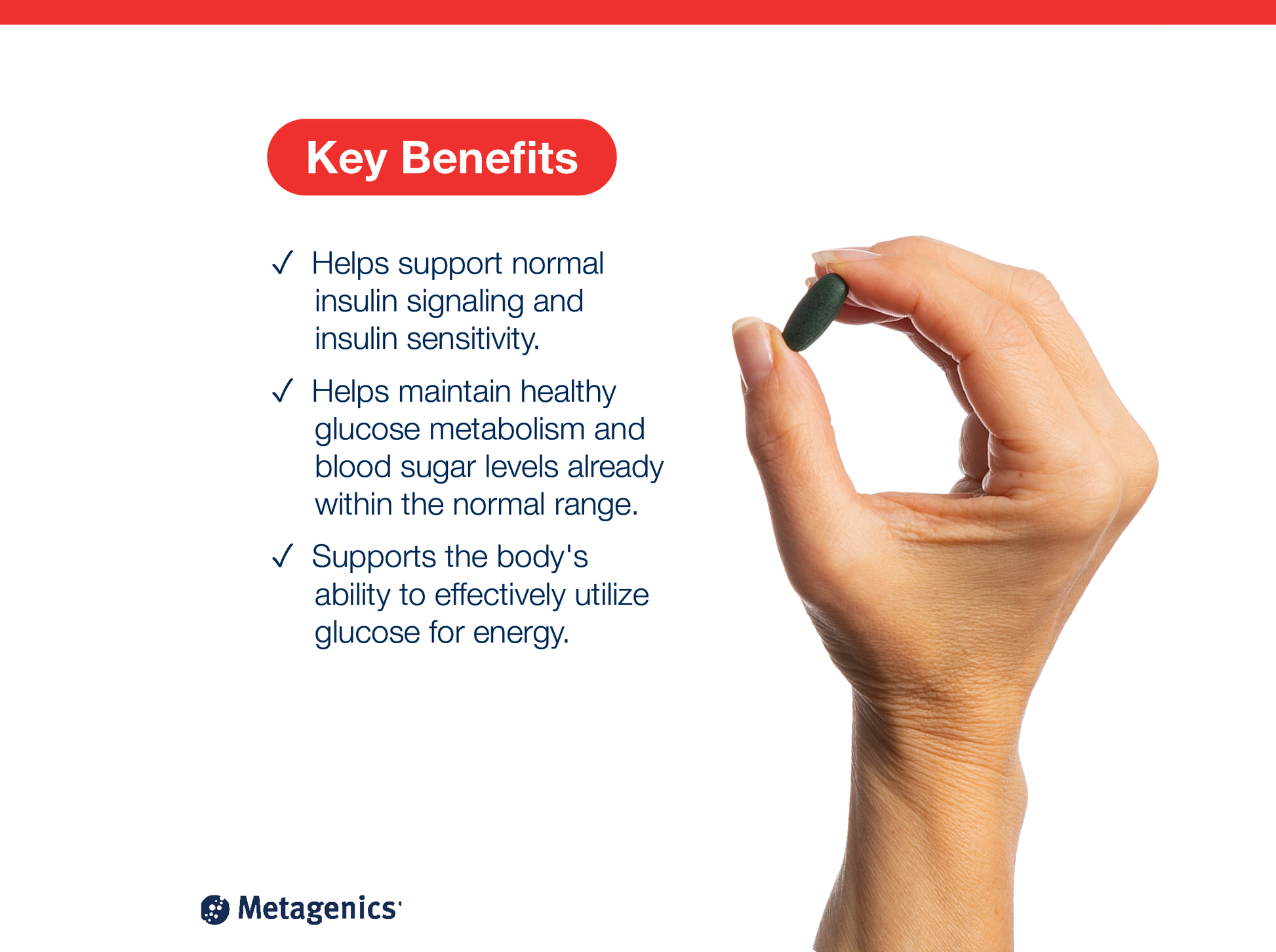 Hand holding an Insinase tablet beside key product benefits and Metagenics branding
