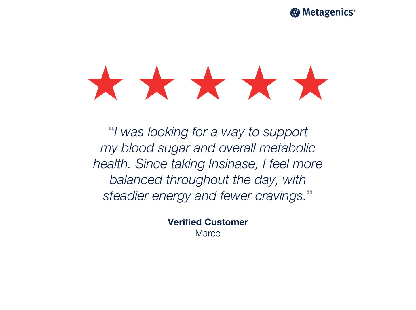 Five-star customer review for Insinase with testimonial text and Metagenics branding