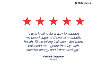 Five-star customer review for Insinase with testimonial text and Metagenics branding
