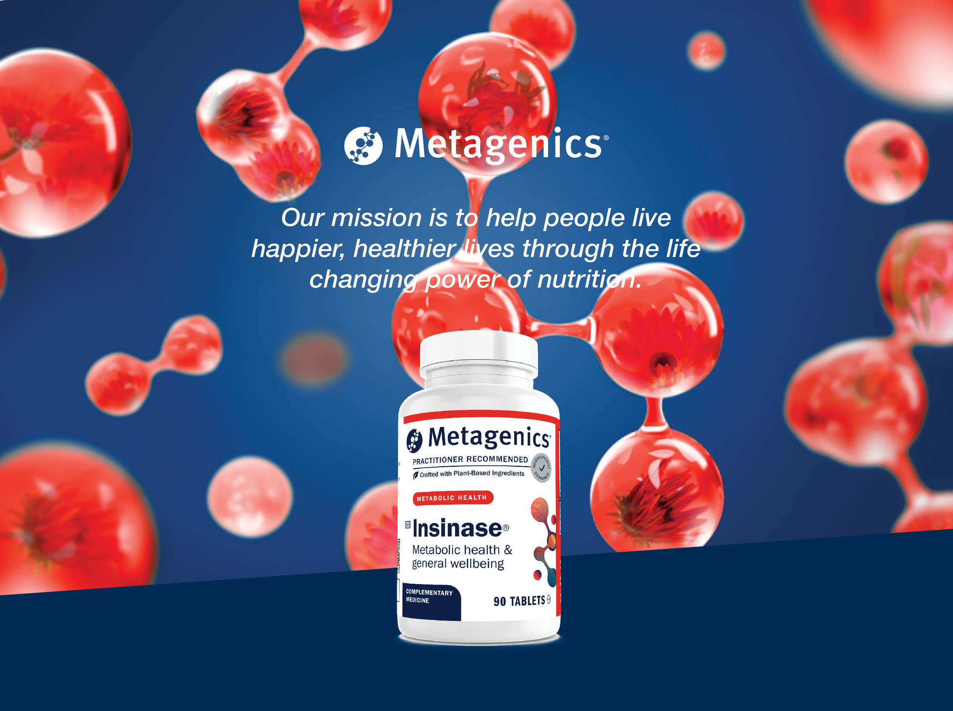 Metagenics Insinase supplement bottle displayed with the Metagenics mission to help people live happier and healthier lives through the life-changing power of nutrition