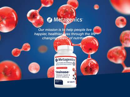 Metagenics Insinase supplement bottle displayed with the Metagenics mission to help people live happier and healthier lives through the life-changing power of nutrition