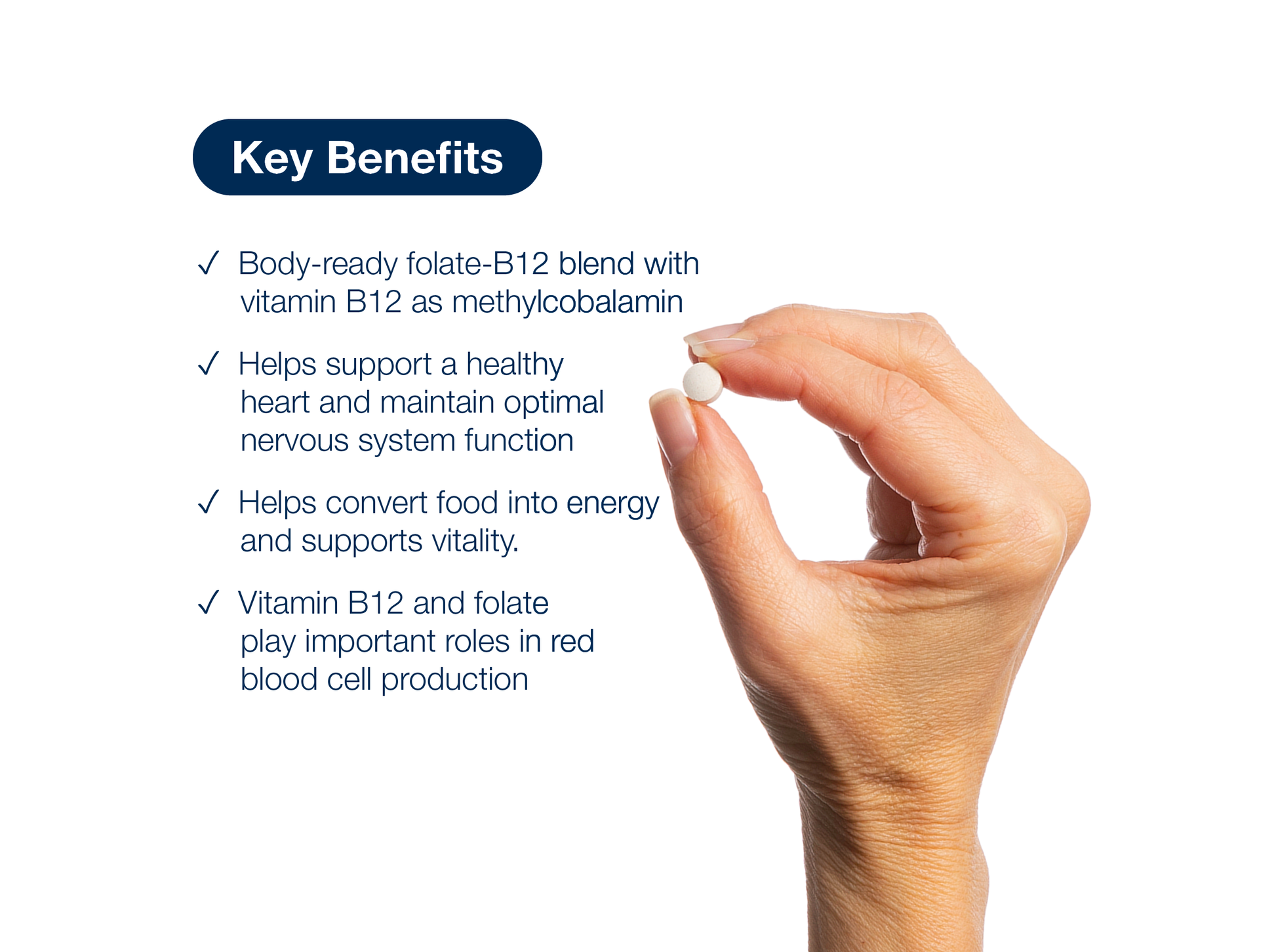 Hand holding an Intrinsi B12-Folate tablet beside key product benefits and Metagenics branding