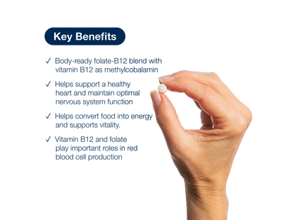 Hand holding an Intrinsi B12-Folate tablet beside key product benefits and Metagenics branding