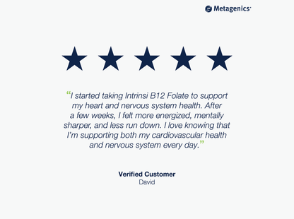 Five-star customer review for Intrinsi B12-Folate with testimonial text and Metagenics branding