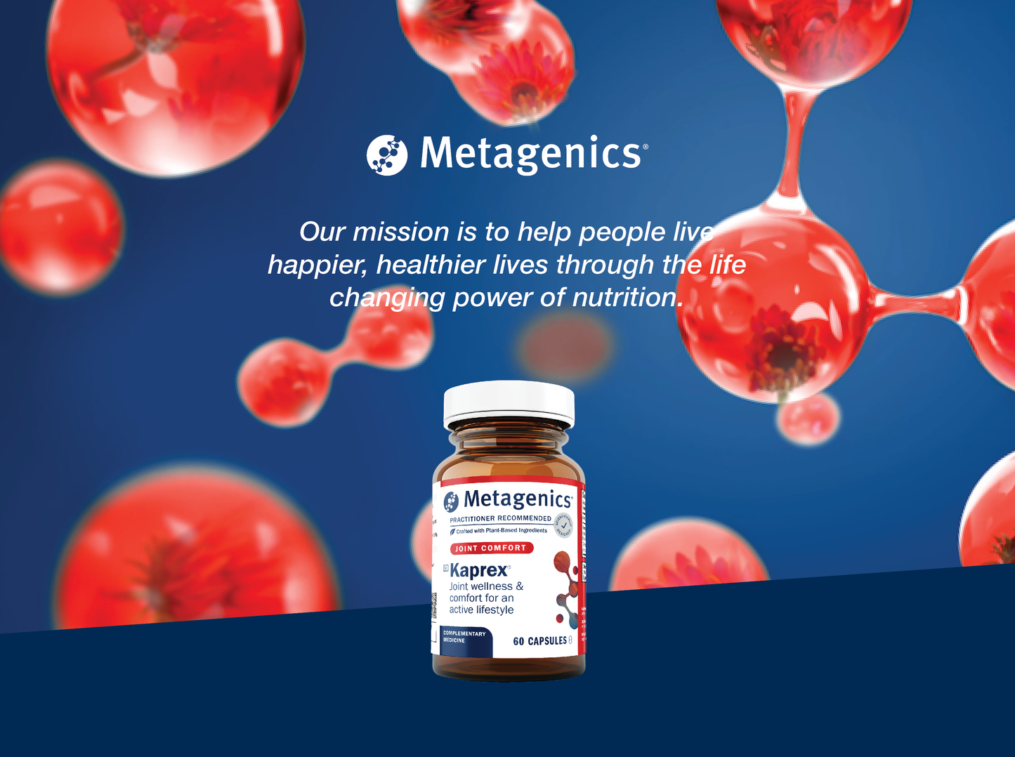Metagenics Kaprex supplement bottle displayed with the Metagenics mission to help people live happier and healthier lives through the life-changing power of nutrition