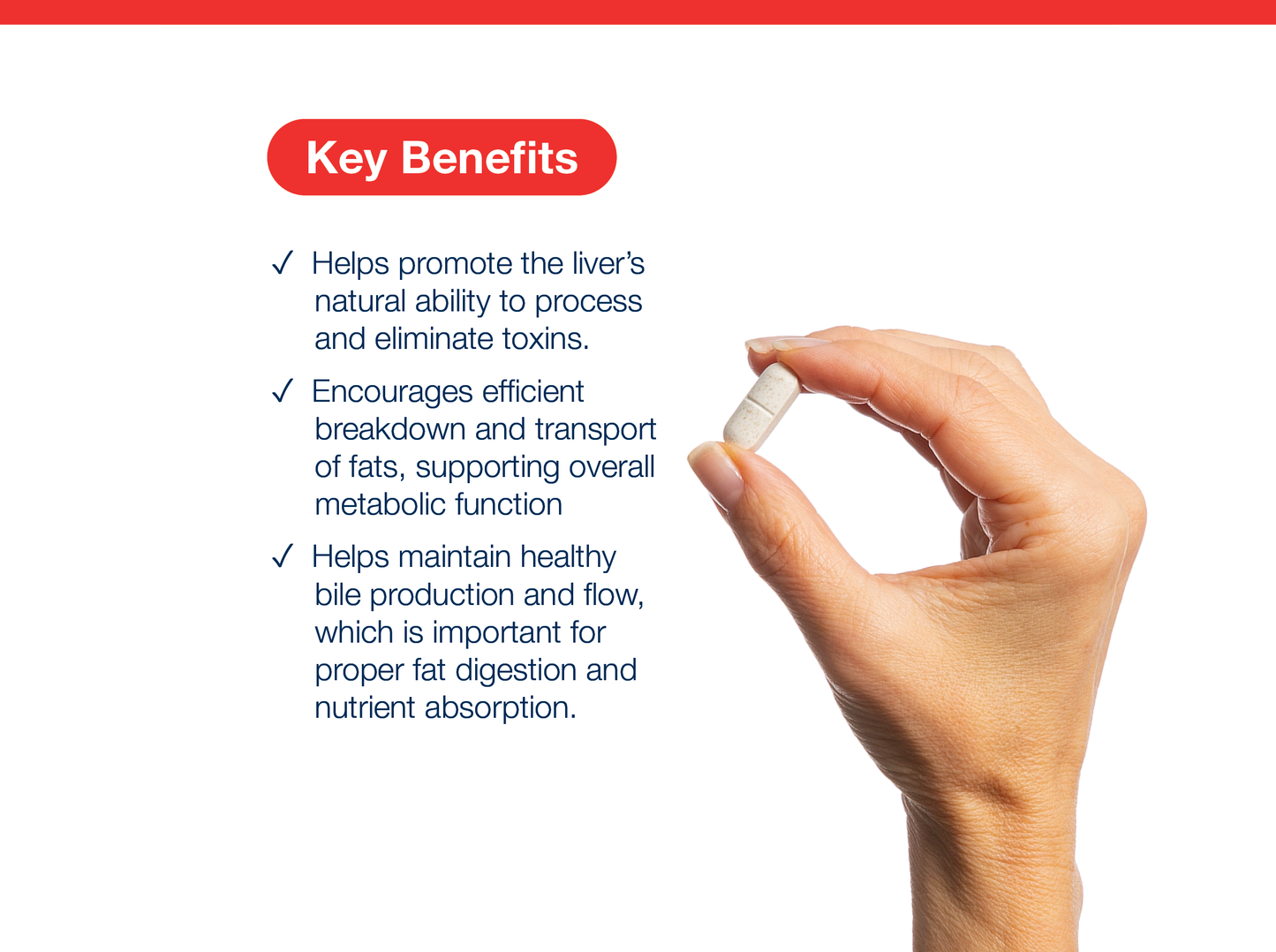 Hand holding a Lipo-Gen tablet beside key product benefits and Metagenics branding