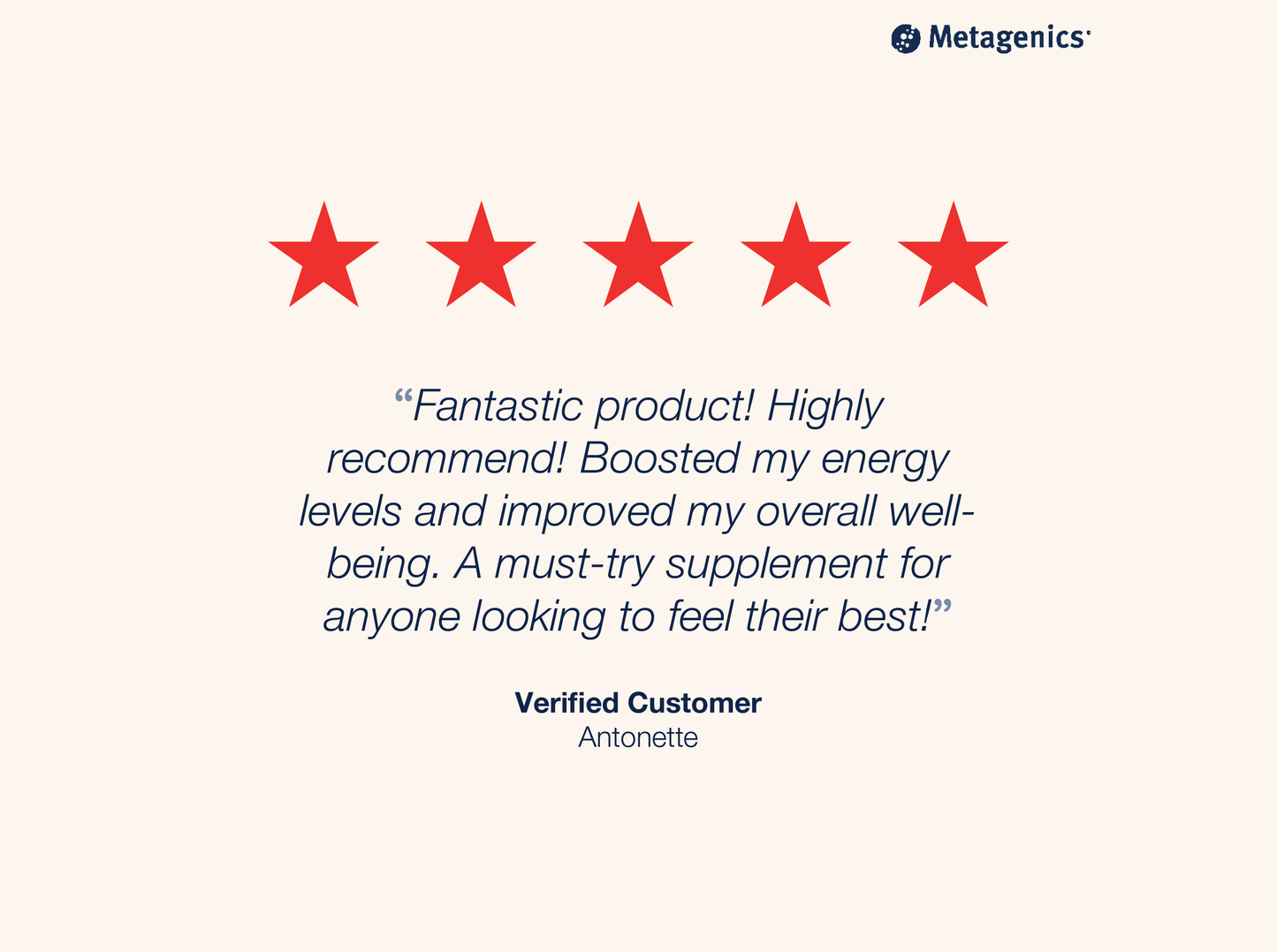 Five-star customer review for Lipo-Gen with testimonial text and Metagenics branding