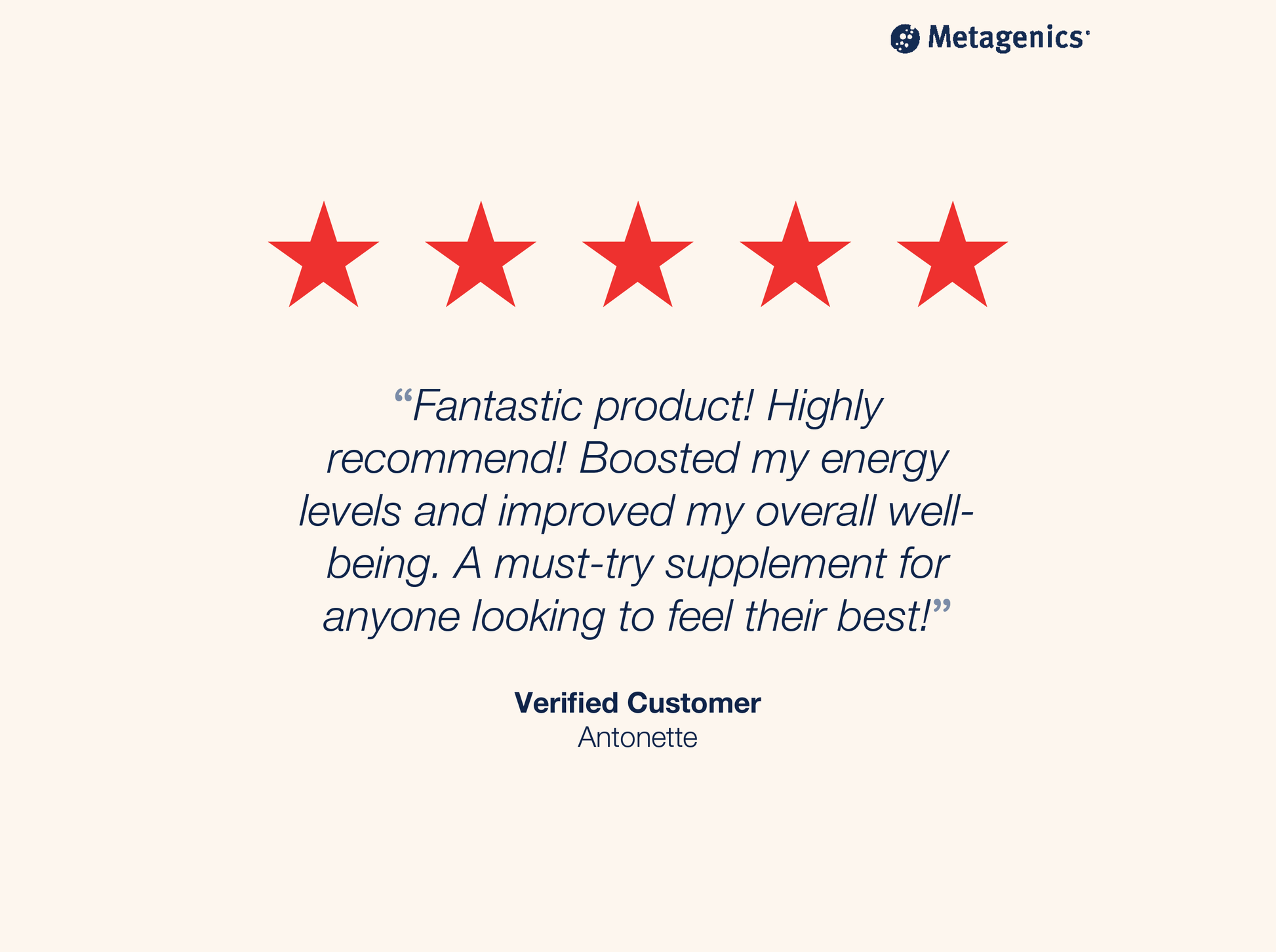 Five-star customer review for Lipo-Gen with testimonial text and Metagenics branding