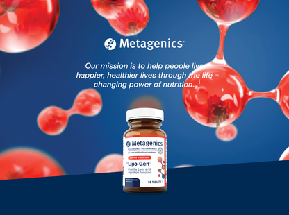 Metagenics Lipo-Gen supplement bottle displayed with the Metagenics mission to help people live happier and healthier lives through the life-changing power of nutrition