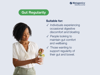 A promotional graphic for Metagenics Gut Regularity, featuring a woman on the left holding a glass with lime and a straw, alongside text listing suitable people for occasional digestive discomfort and bloating.