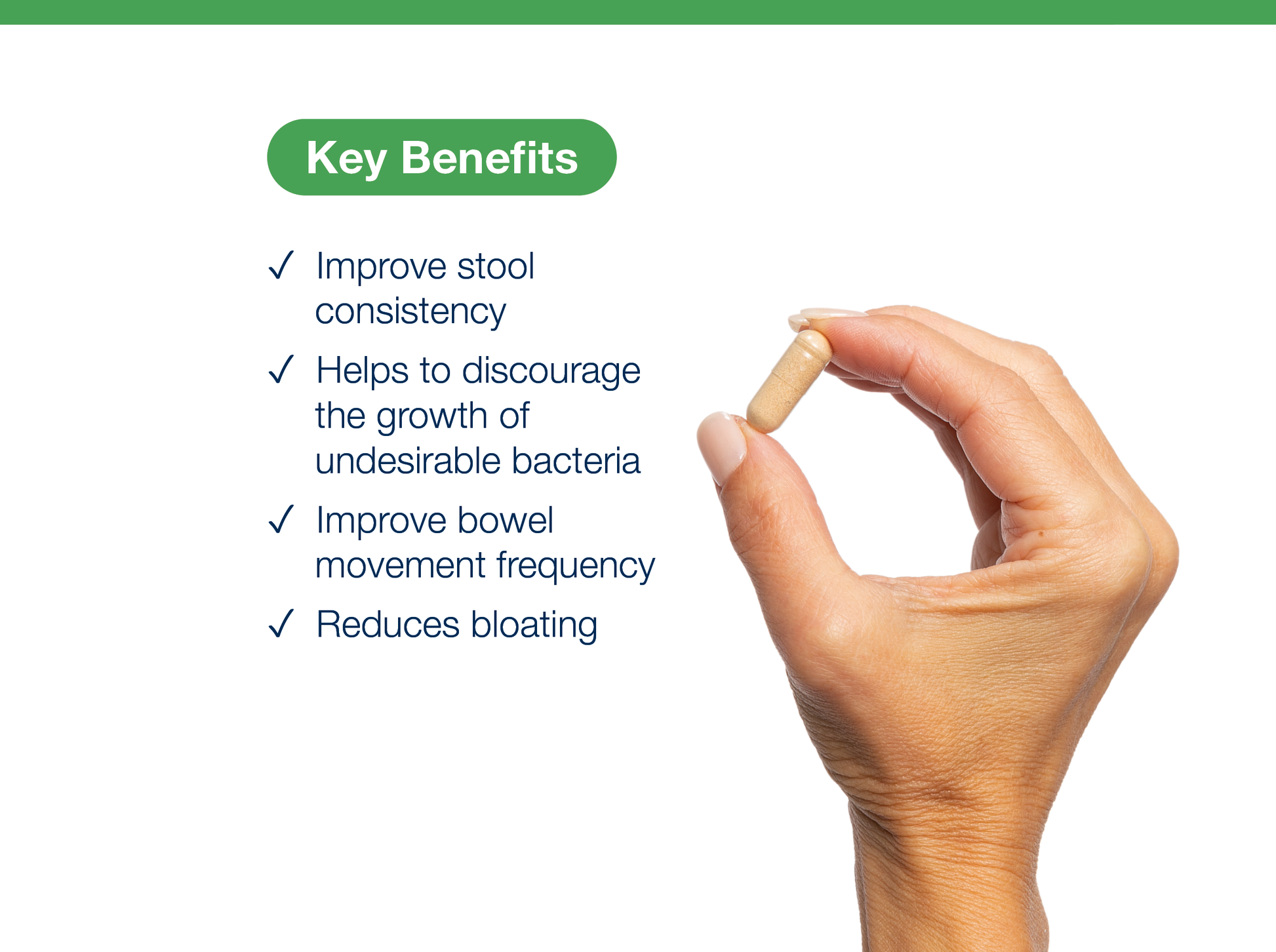 A hand holding a beige capsule pill against a white background with a green 'Key Benefits' heading and a bulleted list of digestive benefits.
