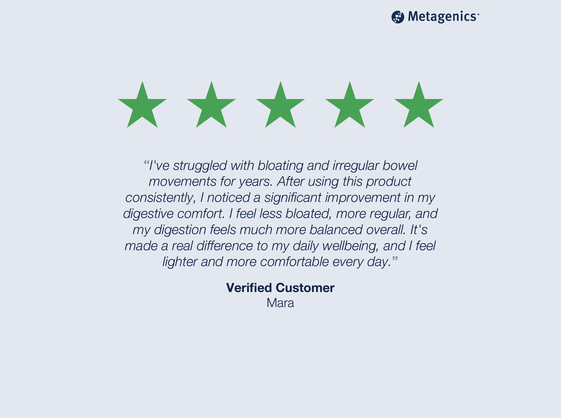 A Metagenics customer review graphic with five green stars, a testimonial quote, and the verified customer name Mara on a light blue background.