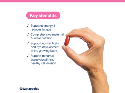Hand holding a MamaPlus capsule beside key product benefits and Metagenics branding