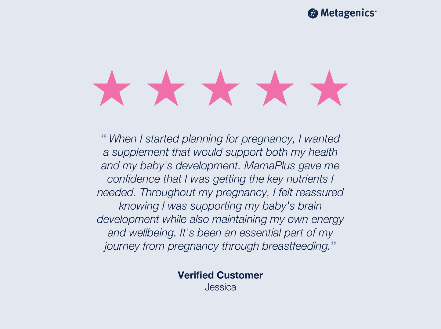 Five-star customer review for MamaPlus with testimonial text and Metagenics branding