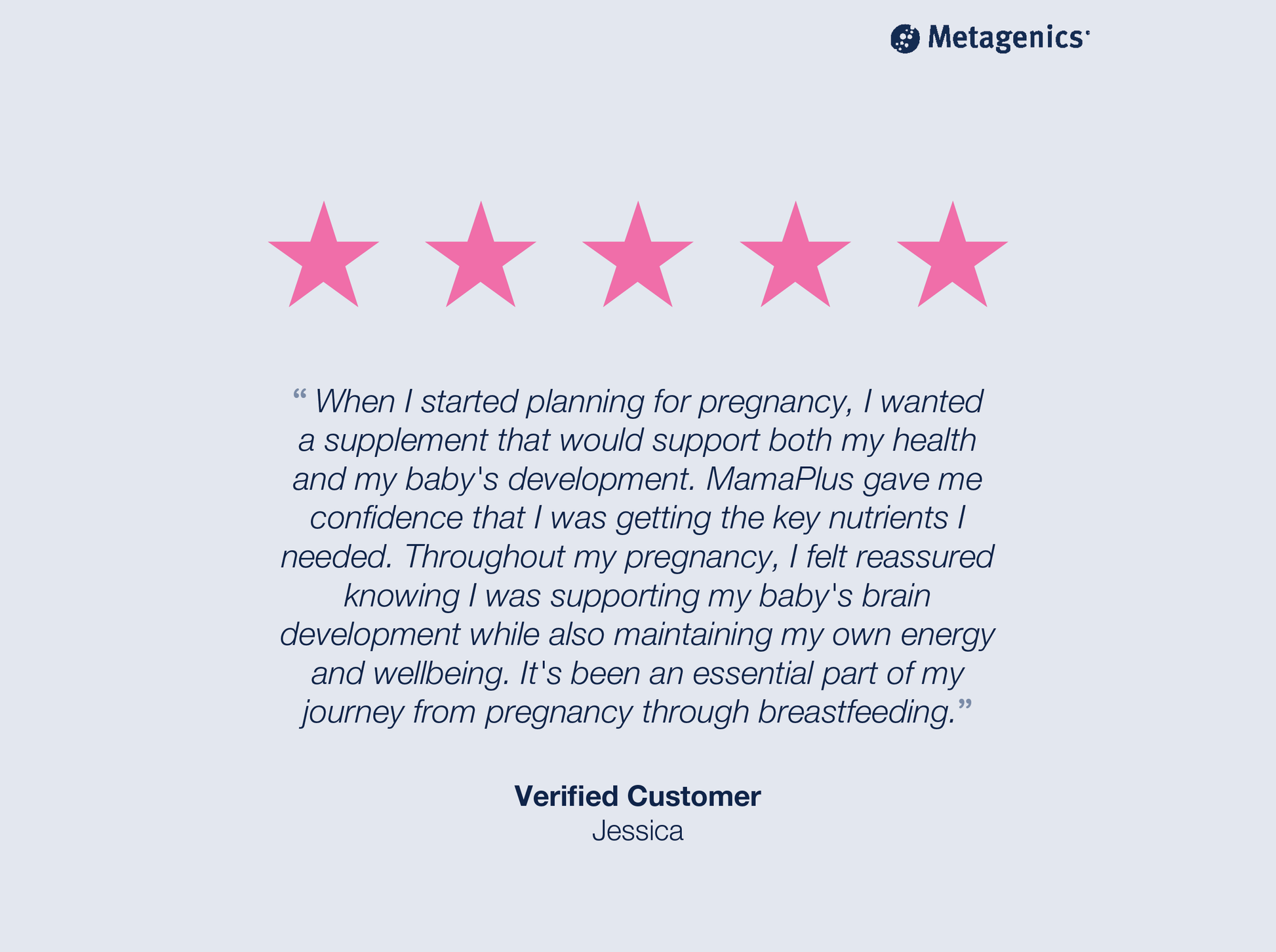 Five-star customer review for MamaPlus with testimonial text and Metagenics branding