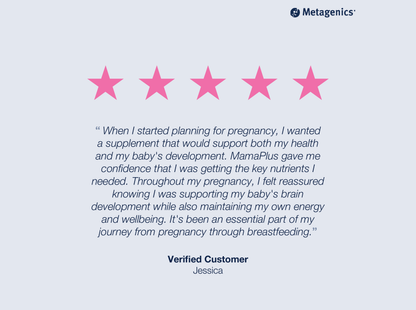 Five-star customer review for MamaPlus with testimonial text and Metagenics branding