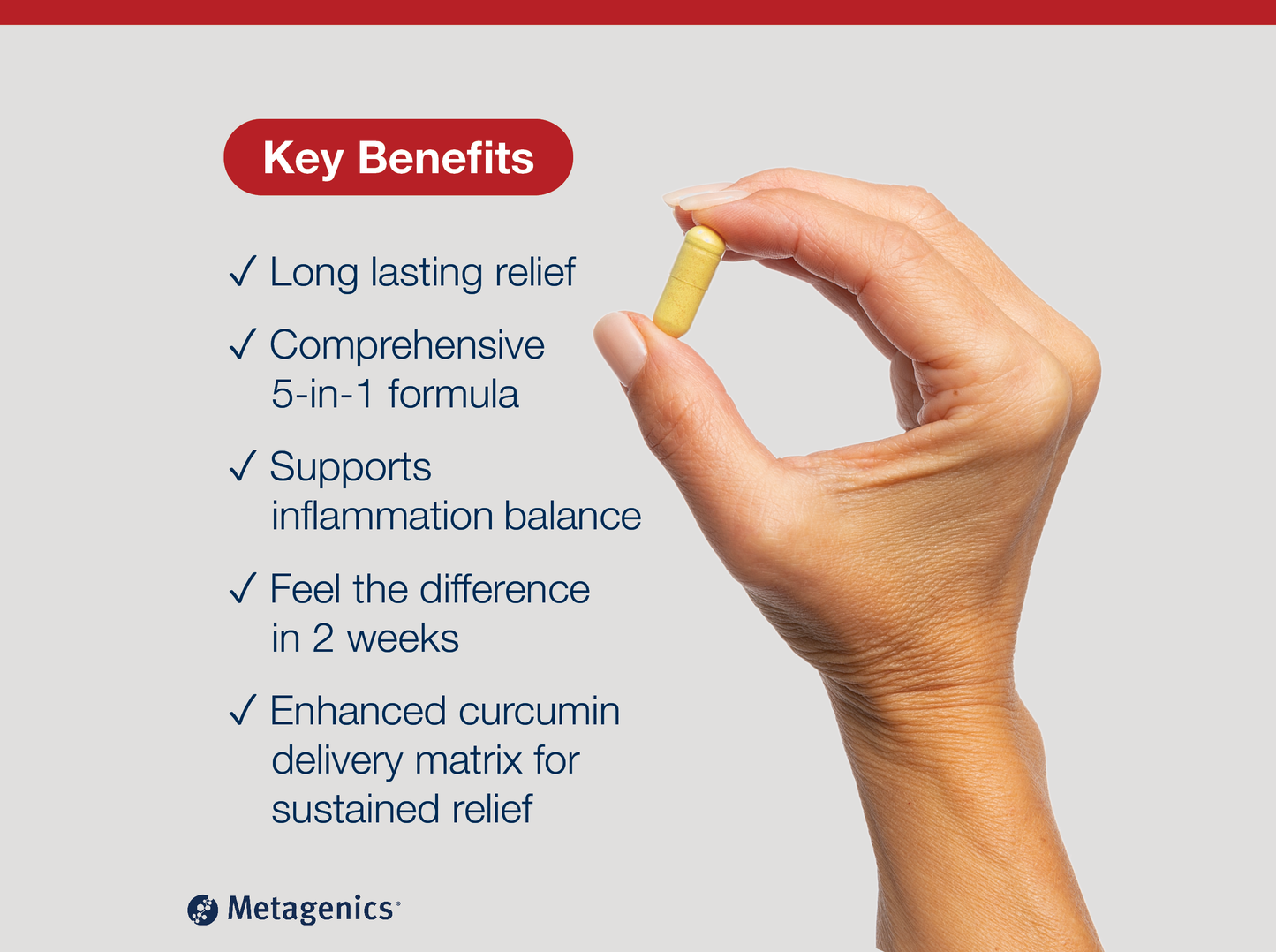 Hand holding a MetaActive Curcumin Complex capsule beside key product benefits and Metagenics branding