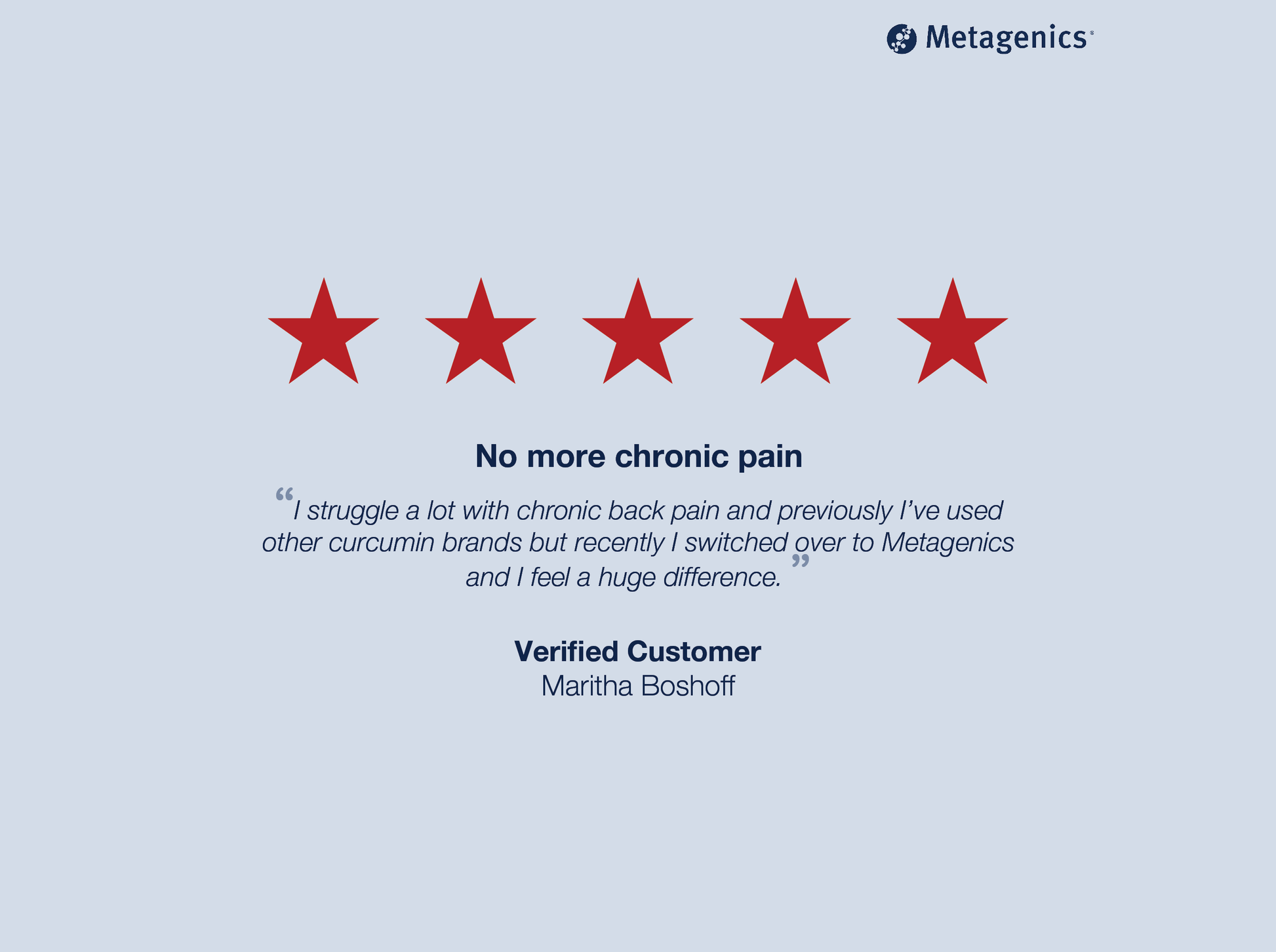 Five-star customer review for MetaActive Curcumin Complex with testimonial text and Metagenics branding