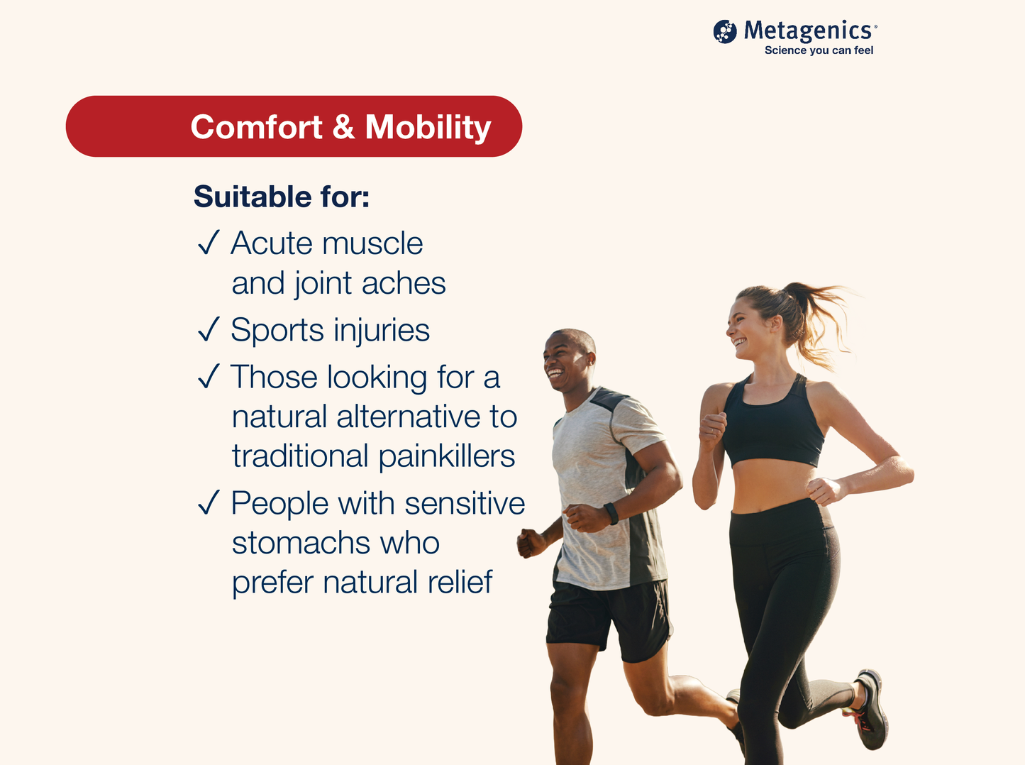 Information about comfort and mobility support with MetaActive Rapid Relief and active lifestyle imagery