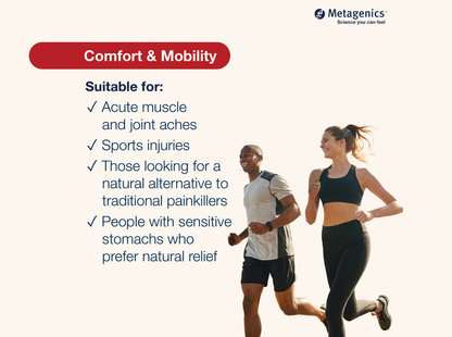 Information about comfort and mobility support with MetaActive Rapid Relief and active lifestyle imagery
