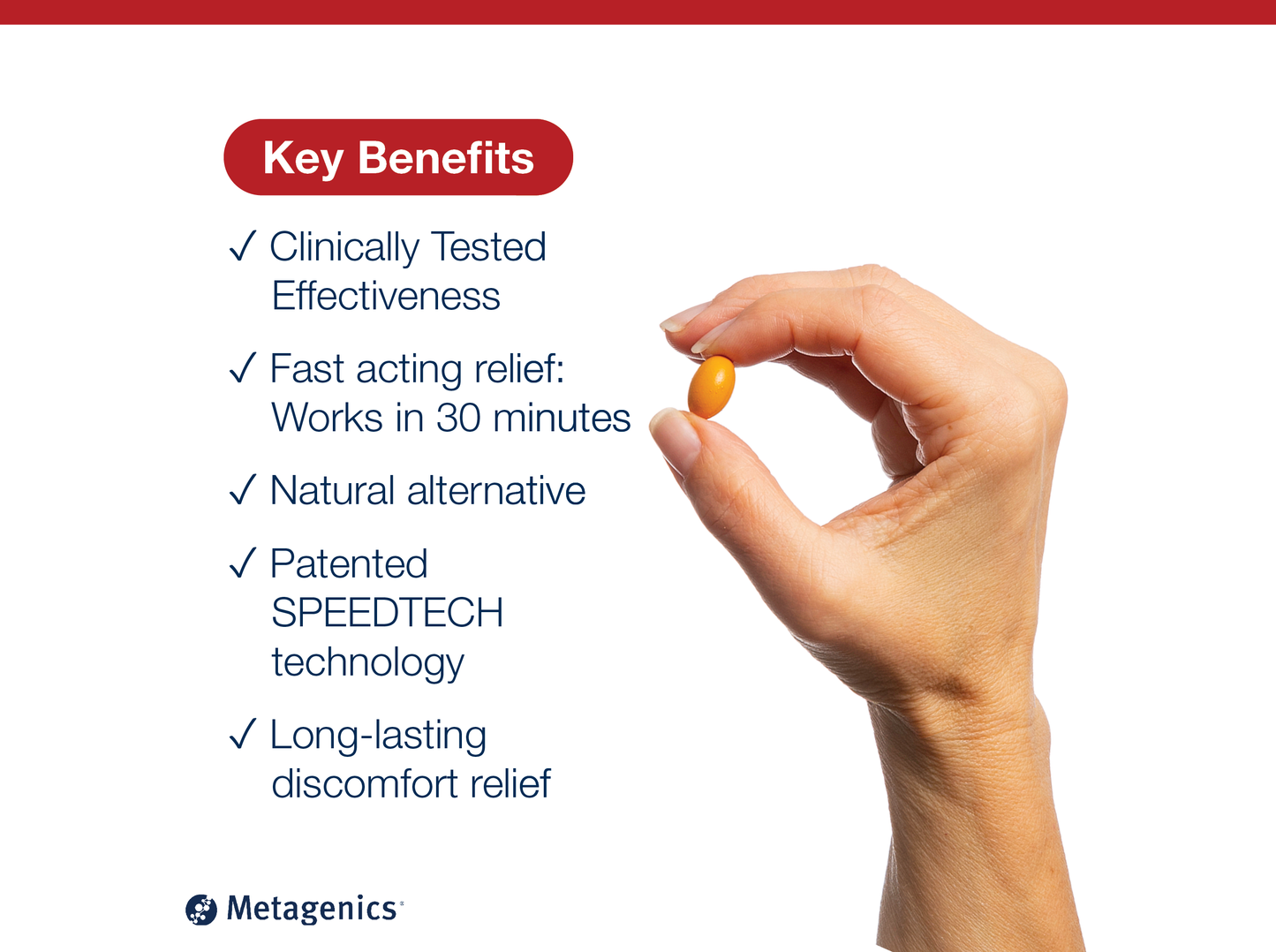Hand holding a MetaActive Rapid Relief softgel capsule beside key product benefits and Metagenics branding