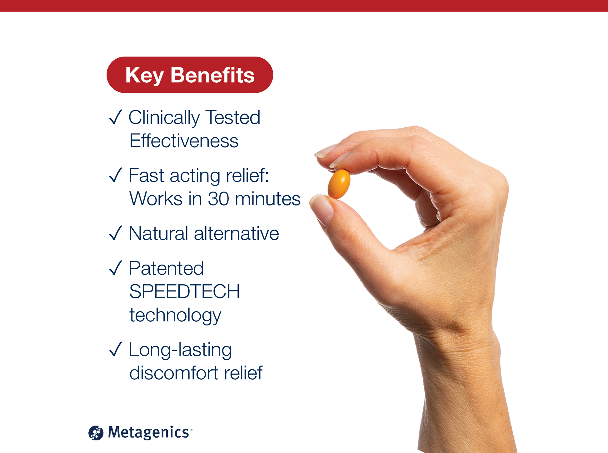 Hand holding a MetaActive Rapid Relief softgel capsule beside key product benefits and Metagenics branding