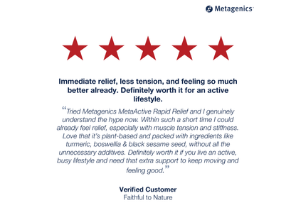 Five-star customer review for MetaActive Rapid Relief with testimonial text and Metagenics branding