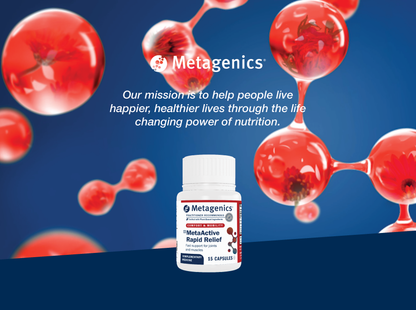 Metagenics MetaActive Rapid Relief supplement bottle displayed with the Metagenics mission to help people live happier and healthier lives through the life-changing power of nutrition