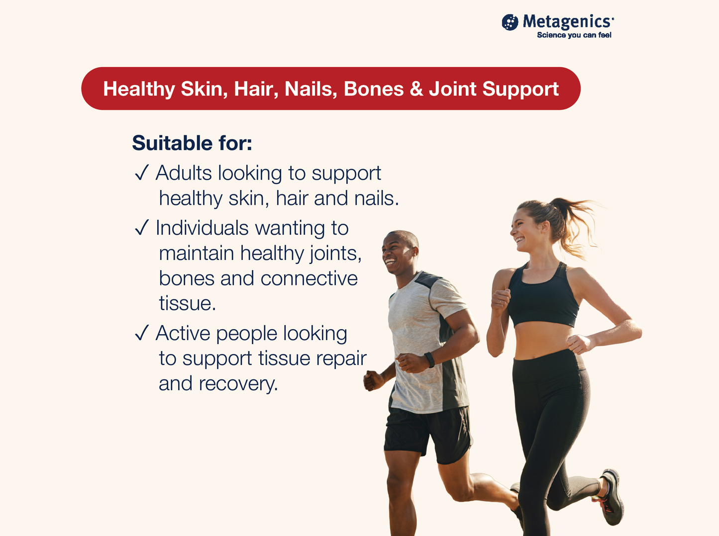 Information about healthy skin, hair, nails, muscles and joint support with MetaCollagen Pro+ and active lifestyle imagery