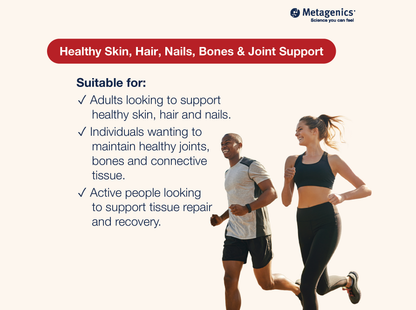 Information about healthy skin, hair, nails, muscles and joint support with MetaCollagen Pro+ and active lifestyle imagery